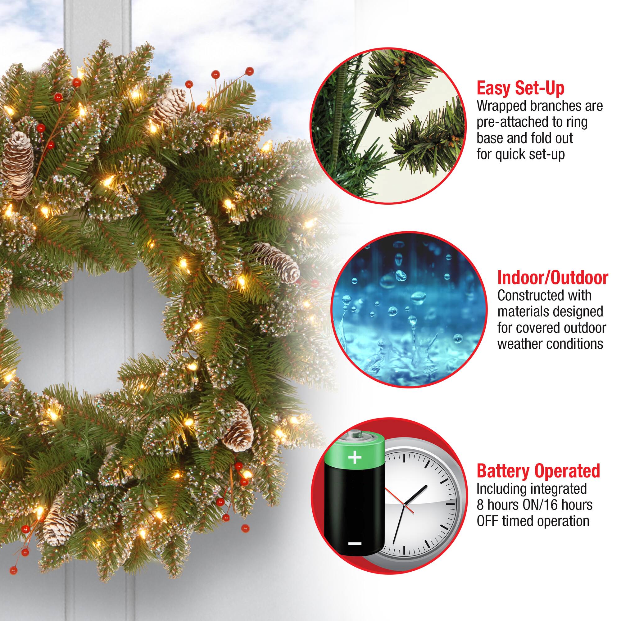 24" Glittery White Edged Cones & Red Berries Mountain Spruce Wreath With Warm White LED Lights